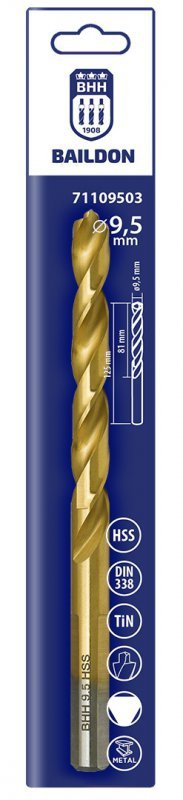 Wiertło do metalu Baildon DIN 338 RN 9,5 mm, HSS TiN (S), 125-81 mm (chwyt 3-płaszczyznowy)