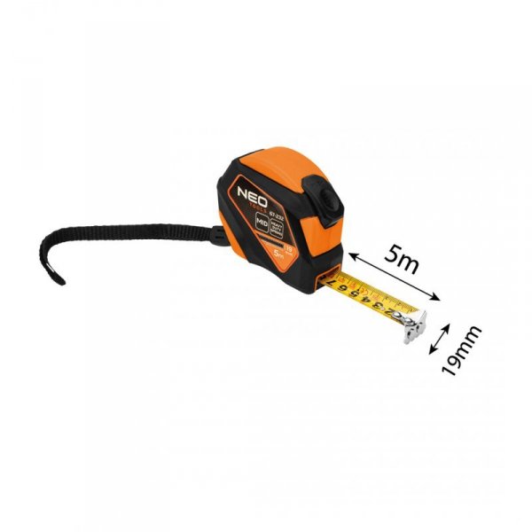 Miara zwijana stalowa 5 m x 19 mm, auto blokada, przycisk stop, magnes