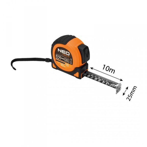 Miara zwijana stalowa Super Black 10 m x 25 mm, auto blokada, dwa przyciski stop, magnes