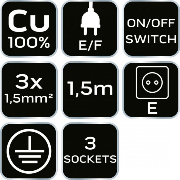 Przedłużacz listwowy 1.5m, 3x1.5mm2, 3G, biały, ON/OFF