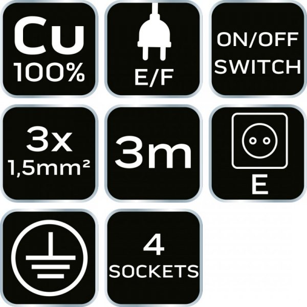 Przedłużacz listwowy 3m, 3x1.5mm2, 4G, czarny, ON/OFF