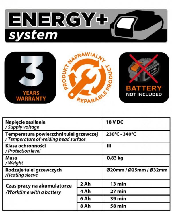 Zgrzewarka do rur Energy+ 18V, bez akumulatora