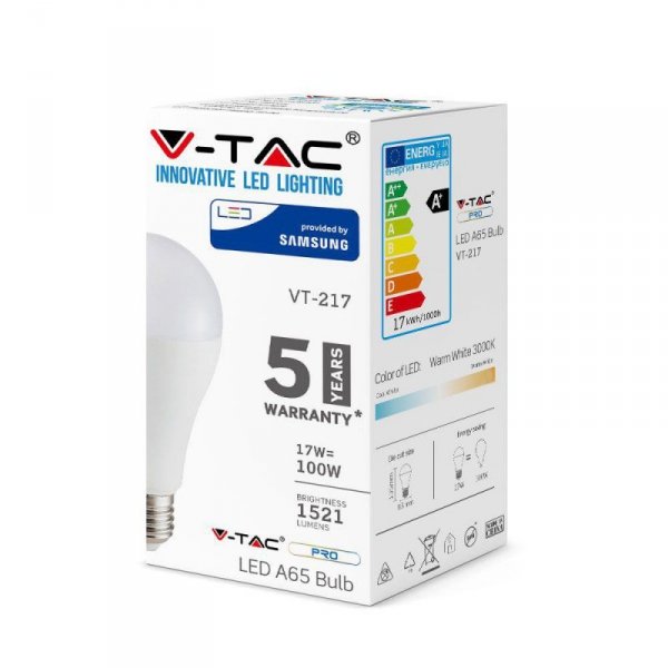 Żarówka LED V-TAC SAMSUNG CHIP 17W E27 A65 VT-217 6400K 1521lm 5 Lat Gwarancji