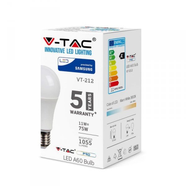 Żarówka LED V-TAC SAMSUNG CHIP 11W E27 A60 VT-212 4000K 1055lm 5 Lat Gwarancji