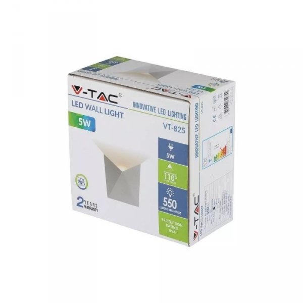 Kinkiet Ścienny V-TAC 5W LED Biały IP65 VT-825 3000K 550lm 2 Lata Gwarancji