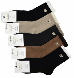 Damskie skarpety klasyczne–5 par z haftem misia i ozdobną lamówką 35-38