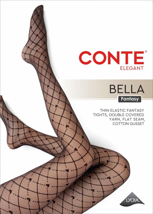 Geometryczny wzór w serca w rajstopach Conte Bella nadaje romantycznego charakteru każdemu outfitowi.