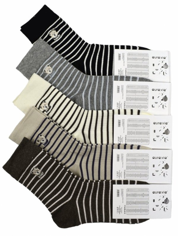 Aura.Via skarpety damskie – paski i haft misia to połączenie klasyki i uroku. 5 par w zestawie dla stylowych kobiet.