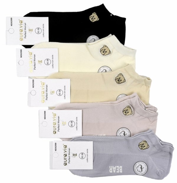 Stopki damskie bawełniane AuraVia – komfortowe i przewiewne skarpetki do sneakersów. Miękki ściągacz nie uciska, a haft misia dodaje uroku. Zestaw 5 par w pastelowych i klasycznych kolorach!