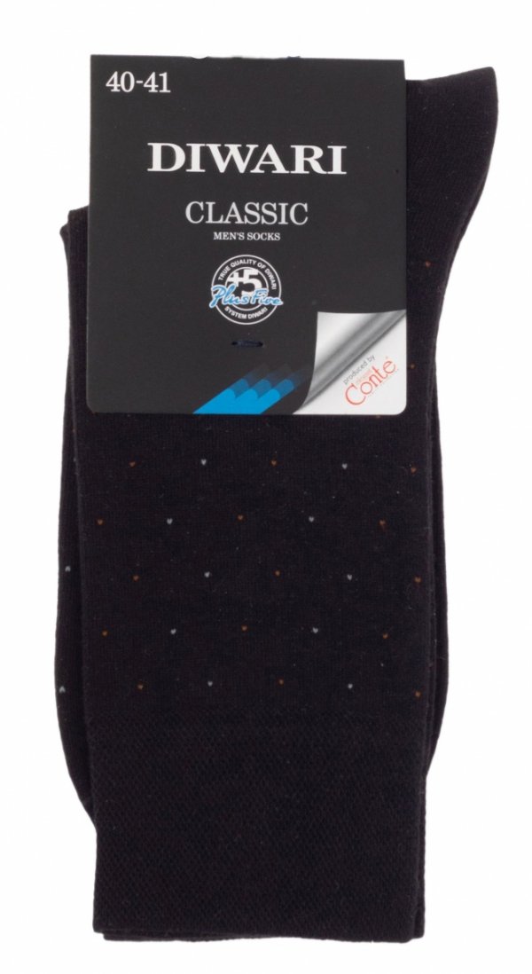 WARI CLASSIC to czarne skarpetki męskie stworzone z bawełny czesanej. Orientowany splot zapewnia trwałość, a elegancki wzór kropek czyni je idealnym dodatkiem do każdej stylizacji.