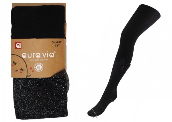 Śliczne bawełniane rajstopy dziewczęce w rozmiarze 1-3 lat. Połuskujące z uroczą kokardą. Wykonane przez firmę Aura.via.