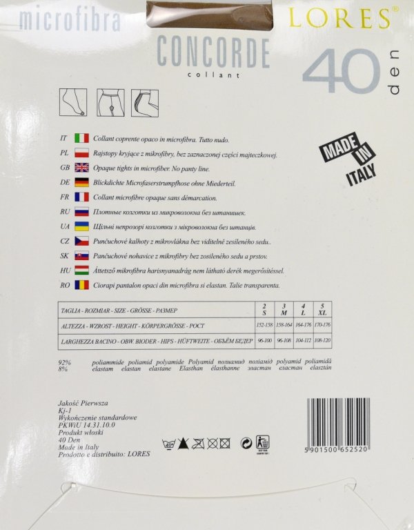 Mikrofibra 40 den to idealny kompromis między kryciem a lekkością. Rajstopy Lores Concorde to wybór elegancki i funkcjonalny.