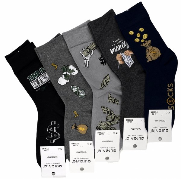 Aura.Via – skarpetki młodzieżowe męskie z zabawnymi nadrukami pieniędzy. Komfort bawełny i oryginalny styl.