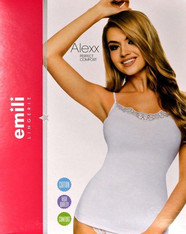 Bawełniana koszulka damska Emili Alexx w kolorze czarnym to wygodny i elegancki model. Delikatne ramiączka oraz ozdobny dekolt z gipiury nadają koszulce kobiecego charakteru.