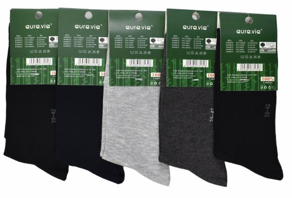 Zestaw pięciu par skarpet bambusowych Aura.Via sprawdzi się w pracy i na formalnych okazjach. Klasyczna długość, płaskie szwy oraz delikatny znaczek pod ściągaczem tworzą elegancki, dyskretny akcent.