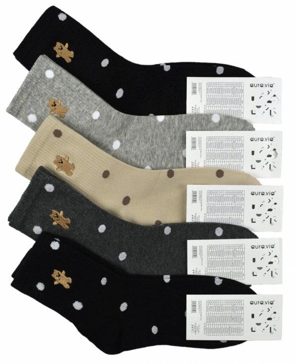 Bawełniane skarpetki damskie w grochy z haftowanym misiem. Stylowe i komfortowe, świetnie sprawdzą się w codziennym użytkowaniu. Klasyka z nutą uroku.