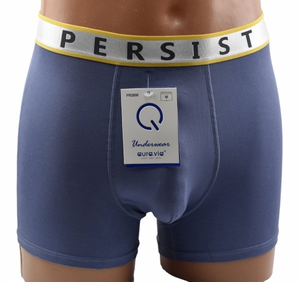 Bokserki męskie Aura.Via FR2808 w kolorze niebieskim zapewniają wygodę i dopasowanie, a srebrny pas PERSIST z żółtym akcentem dodaje im energii i nowoczesnego charakteru.