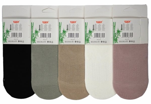 5 par wysokiej jakości skarpetek typu stopki, wykonanych z miękkiego i oddychającego bambusa, co zapewnia wyjątkowy komfort noszenia Wykonane przez firmę Rehe w rozmiarze 38-42. Model  Z006.