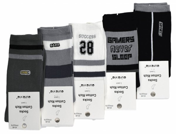 Zestaw pięciu męskich skarpet bawełnianych z gamingowymi napisami łączy przewiewność z nowoczesnym stylem. Idealne do sneakersów, szkoły, treningu i codziennego noszenia.
