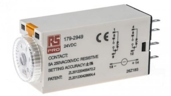 Przekaźnik czasowy zwłoczny jednofunkcyjny 0.5 → 10s DPDT 2-stykowy DPDT 24V dc