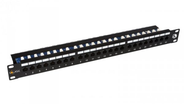 Patch Panel Solarix 24 x RJ45 CAT5E UTP z wspornikiem czarny 1U SX24L-5E-UTP-BK