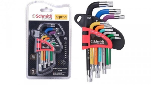 Klucze imbusowe zestaw 9szt. TORX krótkie T10-T50 imbus pokryty gumą - Schmith