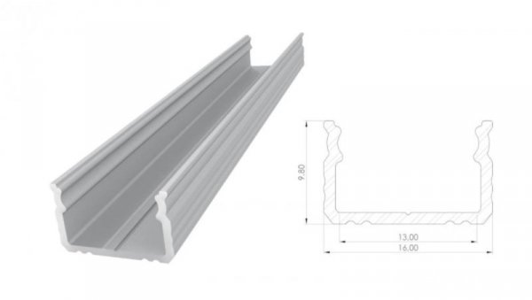 profil ALU nawierzchniowy 9,8mm, Anodowany srebrny, dł 1000mm, max szer taśmy 12mm