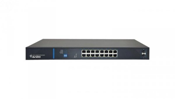 Niezarządzalny przełącznik (switch) 16 portów RJ45 PoE+ 1Gb/s + 2 porty SFP Uplink 1Gb/s AVIZIO