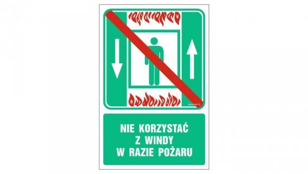 ZNAK - AC028 Nie korzystać z windy w razie pożaru 10 x 15 cm FS - Folia samoprzylepna foto.