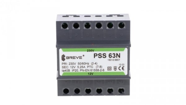 Transformator 1-fazowy modułowy bezpieczeństwa PSS 63N 230/ 12V 5,25A, na szynę DIN, IP20, Ta 40, 16012-9907