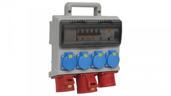 Rozdzielnica budowlana elCASE W32-1104 IP44, wtyk tablicowy CEE 32A-5P, gniazda: 4x GK 230V 16A, 1x CEE 16A, 1x CEE 32A, RCCB