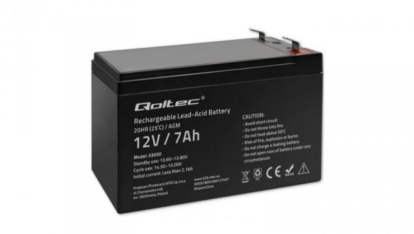 Qoltec Akumulator AGM 12V 7Ah Bezobsługowy Wydajny LongLife do UPS, security