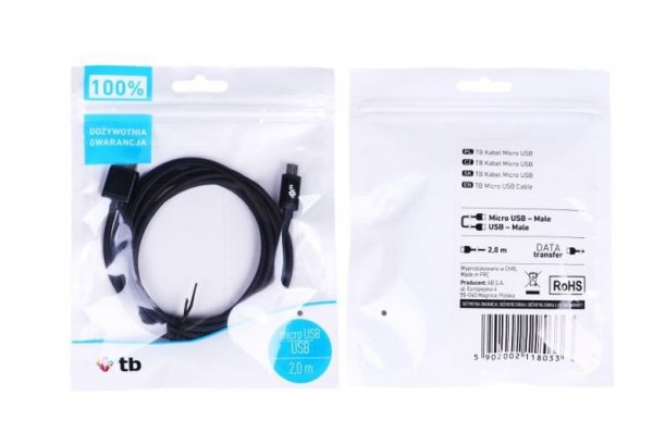 TB Kabel USB-Micro USB 2 m. czarny sznurek