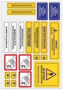 Zestaw naklejek informacyjno-ostrzegawczych fotowoltaika.