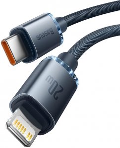 KABEL USB-C -|} Lightning / iPhone Baseus Crystal CAJY000201 1.2m 20W PD Quick Charging CZARNY W OPLOCIE PREMIUM