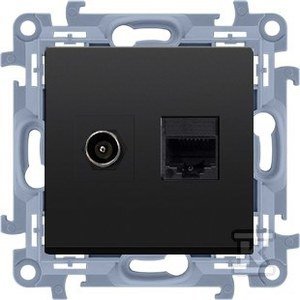 Gniazdo antenowe typu F + RJ45 kat.5e (moduł), czarny mat, SIMON10 + Ramka 1-krotna - uniwersalna poziom i pion, czarny mat, SIMON10 DMR879