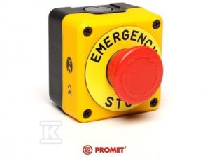 Kaseta czarno-żółta, stop bezpieczeństwa, ryglowany 40 mm (1NC) z tabliczką opisową Emergency Stop T0-P1EC400E40K