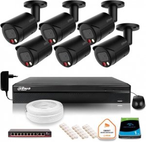 Zestaw monitoringu IP Dahua 4MPx 2K 6 kamer czarnych zewnętrznych z dyskiem 1TB