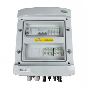 Rozdzielnica przył. DCAC hermetyczna IP65 EMITER z ogranicznikiem przepięć DC Noark 1000V typu 2, 2 x łańcuch PV, 2 x MPPT // ogr. AC Noark typ 2, 25A 3-F, RCD typ A 40A/100mA