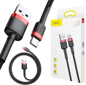 KABEL USB-A -|} USB-C Baseus Cafule CATKLF-B91 100cm 3A QC 3.0 CZARNO-CZERWONY W OPLOCIE