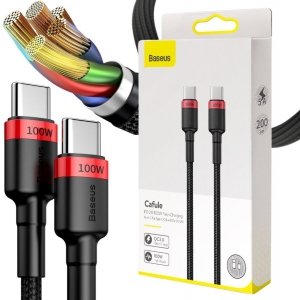 KABEL USB-C -|} USB-C Baseus Cafule CATKLF-AL91 200cm 100W 5A PD 2.0 QC 3.0 CZARNY W OPLOCIE