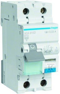 Wyłącznik różnicowoprądowy z członem nadprądowym B/6KA, 10A, 30mA, 2 biegunowy, typ A ADA910D