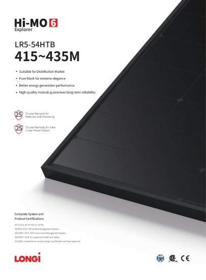 Moduł fotowoltaiczny Panel PV 435Wp Longi Solar LR5-54HTB-435M  HI-MO 6 Explorer Full Black