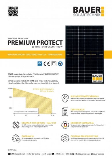Moduł fotowoltaiczny Panel PV 400Wp BAUER BS-400-108M10HBB-GG Szkło-Szkło Black Frame 9 Bus Bar GG Bifacial PERC HC