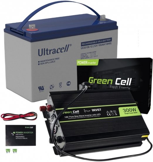 ZESTAW PRZETWORNICA Green Cell 12V-|}230V 300W/600W CZYSTY SINUS + AKUMULATOR AGM ULTRACELL 12V 100Ah