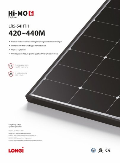 Moduł fotowoltaiczny Panel PV 440Wp Longi Solar LR5-54HTH-440M Black Frame