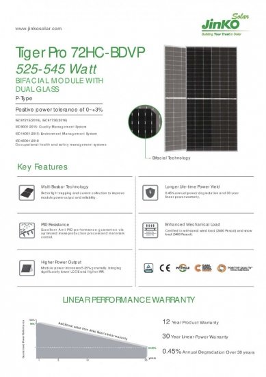 Moduł fotowoltaiczny panel PV 540Wp JINKO JKM540M-72HL4-BDVP Tiger Pro Bifacjal Srebrna Rama