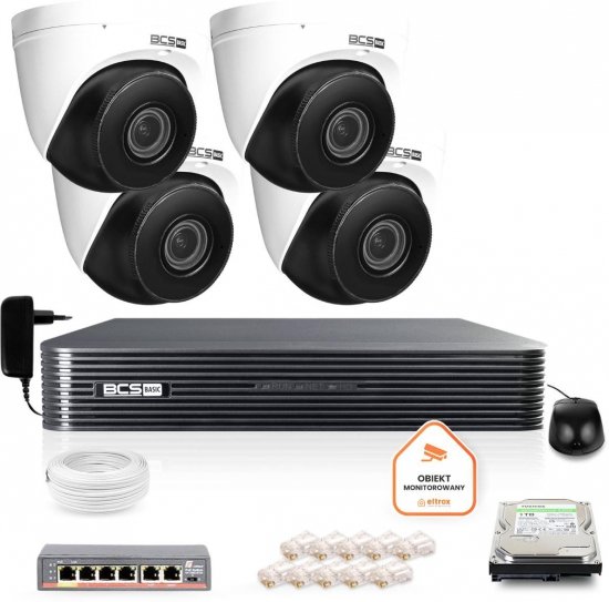 Zestaw monitoringu IP BCS Basic 4x Kamera BCS-B-EIP45VSR3(2.0) Rejestrator z dyskiem