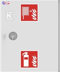 Hydrant wewnętrzny DN52 z miejscem na gaśnicę, natynkowy, wąż płaskoskładany L=20m, zamek patent, wymiary szer./wys./głęb. 500x600x180mm, kolor biały RAL9003 23720