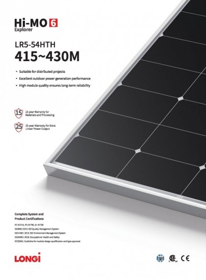 Moduł fotowoltaiczny Panel PV 425Wp Longi Solar LR5-54HTH-425M Hi-MO 6 Explorer Black Frame Czarna rama